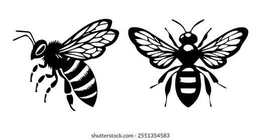 set of insects, Set of Bee Silhouette Art Vector Illustration, Africanized bee (killer bee) silhouette,  vector Bundle, silhouette vector black on white background, bee silhouette.