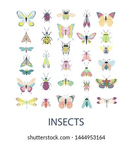 Set of insects - beetles, butterflies, moths. Editable vector illustration