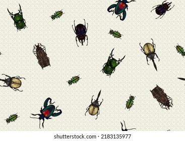 Set of insects: beetles, butterflies, moths, dragonflies. Etymologist's set. Seamless pattern, background. Vector illustration. In realistic style.