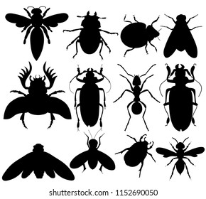  set of insects, beetles, flies, silhouette