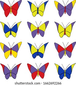 Está decorado con insectos con grandes alas curvas. Hermosas mariposas multicolores. Estilo Doodle. Dibujo manual. Patrón para tela, embalaje y papel pintado.