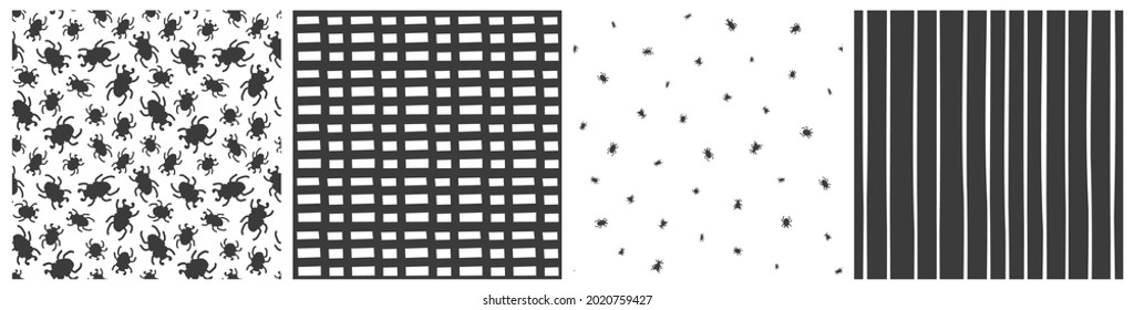 Set of insects bugs seamless patterns with abstract simple shapes for Halloween. Vector illustration in black or gray white colors