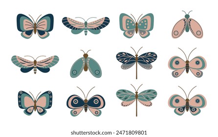 Set of insects, butterflies, moths and dragonflies. Animal illustration, vector