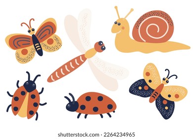 Un conjunto de insectos - mariposa, caracol, mariquita, libélula. Ilustración vectorial al estilo de las caricaturas. Aislado sobre un fondo blanco.