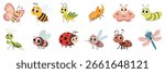 Set of Insects in Cartoon Flat Style. Hand Drawn Vector Art.