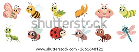 Set of Insects in Cartoon Flat Style. Hand Drawn Vector Art.