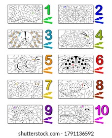 Set of insects for coloring book. Math education for children. Worksheet for school textbook. Kids activity sheet. Online playing. Paint the illustrations in accordance with the numbers.
