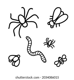 Set of insects doodle art. Flies, worm, spider. Hand-drawing vector illustration with black line. Wildlife simple elements. Icons from the collection for the holiday Halloween.