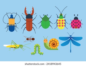 Set of insects dragonfly, beetles, ant, snail, grasshopper, ladybug, caterpillar. Wild nature little fauna