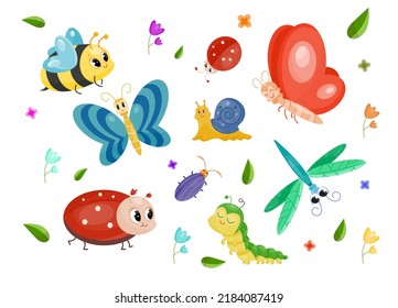 Set of insects. Fabulous stickers with butterfly, bee, dragonfly, snail, ladybug, beetle and caterpillar. Design elements for fairy tales. Cartoon flat vector collection isolated on white background