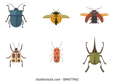 Set of insects flat style vector design icons. Collection nature beetle and zoology cartoon illustration. Bug icon wildlife concept