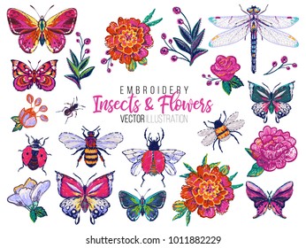 Insekten- und Blütenbesatz: Ringelrose, Libelle, Ameise, Schmetterling, Honigbiene, Ladybag, Blumenbug. Fashion Patch Aquarell-Illustration einzeln auf weißem Hintergrund.