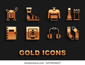 Set Insects in a frame, Chess, Socks, Headphones, Spiral notebook, Sweater, Viking horned helmet and Slippers with socks icon. Vector