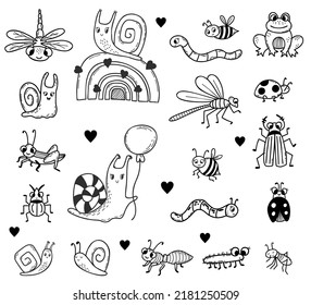 Set of insects frog, snail on rainbow, beetles and spider, dragonfly and bee, ladybug and mosquito, grasshopper and worm. Linear hand drawn doodle. Vector illustration for design, decor, decoration