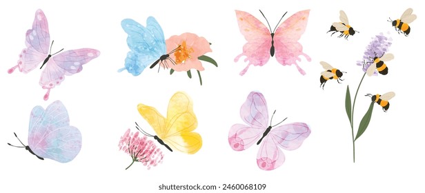 Set of insects garden elements vector. Collection of dragonfly, bee, butterfly colorful and wildflower. Watercolor insects illustration design for logo, wedding, invitation, decor, print, card.