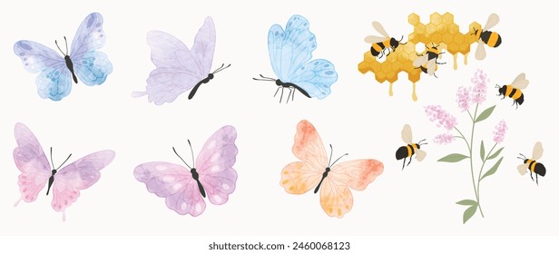 Conjunto de insectos Elementos de jardín Vector. Colección de libélula, abeja, mariposa colorida y flor silvestre. Diseño de la ilustración de los insectos de la acuarela para el logotipo, boda, invitación, decoración, impresión, tarjeta.