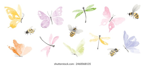 Set of insects garden elements vector. Collection of dragonfly, bee and butterfly colorful. Watercolor insects illustration design for logo, wedding, invitation, decor, print, card.