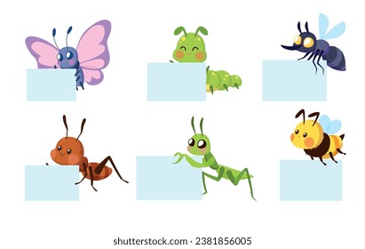 Set of insects holding white sheets. Funny little characters with blank paper. Butterfly, bee and little ant, grasshopper caterpillar and fly. Vector cartoon flat childish illustration