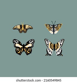 A set with insects. An illustration of a type of abstract bright butterflies. Colored winged doodle-style moths. Vector illustration