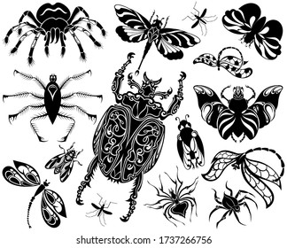 Set of insects illustrations. Black butterfly,bug,dragonfly