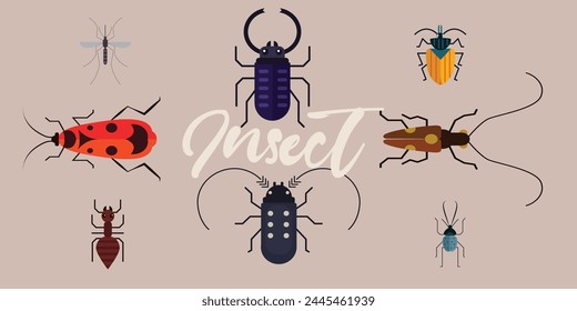 Set of insects isolated on brown background. Insects, ants and mosquitoes. Another small forest animal