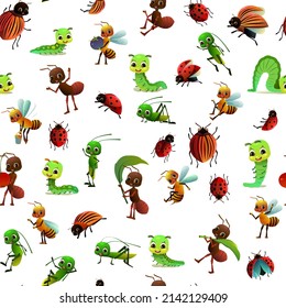 Set of insects persons. Wildlife object. Ant, ladybug and caterpillar. Seamless pattern, bee and grasshopper. Little funny Cute cartoon style. Isolated on white background. Vector.
