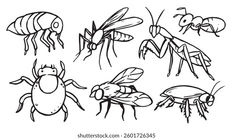 Set of insects pest. Vector illustration in sketch style.