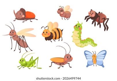 Set of insects. Pictures with various insects for children. Image of caterpillar, ant, butterfly, beetle, bee. Icons and badges. Cartoon flat vector illustrations isolated on white background