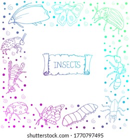 Set with insects. Printing on paper. Vector isolated illustration with insect. Butterfly, ant, beetle, ladybug, caterpillar, bee on a white background. Design for biology books. Insects. 