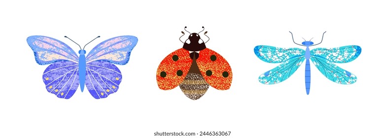 Set of insects: purple butterfly, ladybug, blue dragonfly on white isolated background, top view. Cute vector illustration with textures.