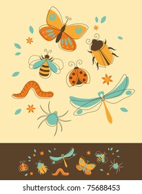 Set of Insects in Retro-Styled