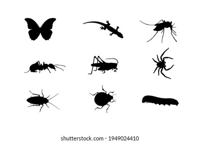 set of insects silhouettes, butterfly, mosquito, spider, bug, cockroach, lizard, grasshopper, ant, Caterpillar