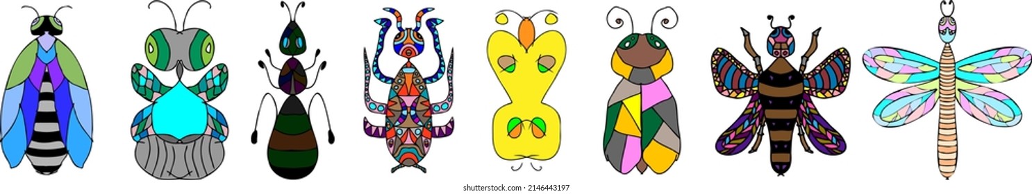 Set of insects in stained glass technique, vector illustration