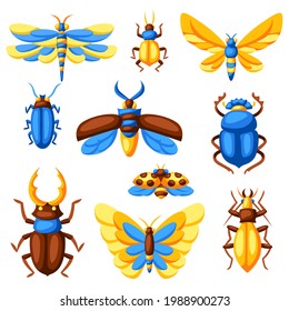 Set of insects. Stylized butterflies, beetles and dragonflies.