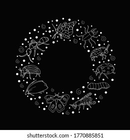 Set with insects. Vector isolated illustration with insect. Butterfly, ant, beetle, ladybug, caterpillar, bee on a black background. Design for biology books. Insects. Printing on paper. 