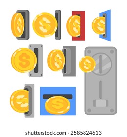 Set of insert coin collection, inserting coin to a slot on vending machine cartoon, bank or financial investment concept, gold coin putting, isolated on white background, flat vector illustration.