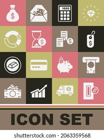 Juego Inserción de moneda, cajero automático y dinero, Precio con dólar, Calculadora, Horario, Gráfico circular infográfico, Bolsa de dinero e icono de cheque financiero en papel. Vector