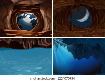 Set of inside cave scene illustration