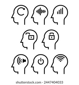 Set of Inside of human head. Reset, sound wave, graph, open lock, close lock, speaker volume, shutdown, signal, wifi, beat  Icon Vector Design Illustration.