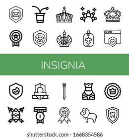 Set of insignia icons. Such as Shield, Badge, Beer pong, Crown, Fleur de lis, Sceptre, King, Lion , insignia icons