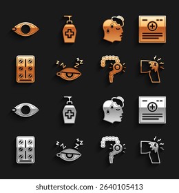 Set Insomnia, Clinical record, Joint pain, knee pain, Gut constipation, Pills blister pack, High human body temperature, Blindness and Liquid antibacterial soap icon. Vector
