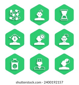 Set Insomnia, Male doctor, Yin Yang symbol, Concussion, headache, Antidepressants, Hypnosis, Old hourglass and Medicine pill tablet icon. Vector