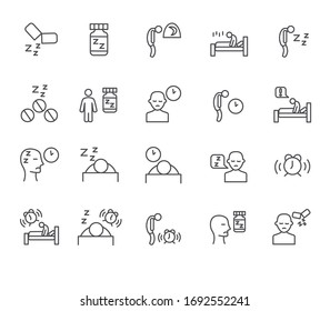 Set of insomnia Related Vector Line Icons. Includes such Icons as sleep, drowsiness, illness, lack of sleep, soporific and more.