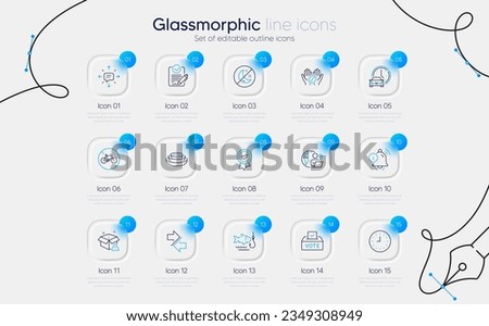 Set of Insomnia, Sms and Dishes line icons for web app. Delivery warning, Bicycle prohibited, Clock icons. Fishing, Rfp, Vote box signs. Information bell, Coffee, Outsource work. Vector