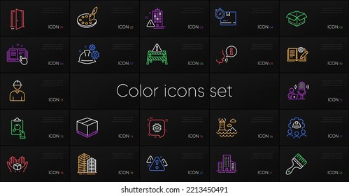 Set of Inspect, Building warning and Engineering team line icons. Include Delivery box, Open box, Lighthouse icons. Brush, Warning, Buildings web elements. Palette, Engineer. Vector