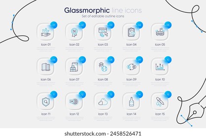 Set of Inspect, Care and Checklist line icons for web app. Fraud, Cvv code, Organic product icons. Whiskey bottle, Currency exchange, Mobile inventory signs. Survey results. Vector