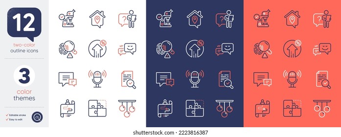 Set of Inspect, Ceiling lamp and Microphone line icons. Include Puzzle, Search employee, Journey path icons. Microscope, Fingerprint, Work home web elements. Loan percent, Happy emotion. Vector