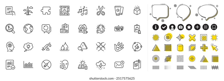 Set of Inspect, Cut and New message line icons for web app. Design elements, Social media icons. Solar panel, Music, Maze attention icons. Meditation eye, Puzzle, Sunscreen signs. Vector