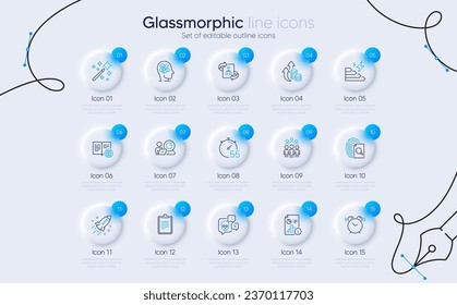 Set of Inspect, Cyber-Angriff und Inflationszeilensymbole für Web-App. Gruppen, Wecker, Zauberstabsymbole. Timer, Konsumwachstum, Berichtszeichen. Zwischenablage, Internetbuch. Vektorgrafik