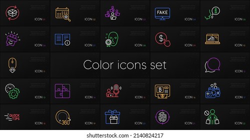 Set of Inspect, Puzzle and Scroll down line icons. Include Education, Teamwork, Delivery boxes icons. 360 degrees, Chat message, Face verified web elements. Fingerprint, Fake news, Smile. Vector